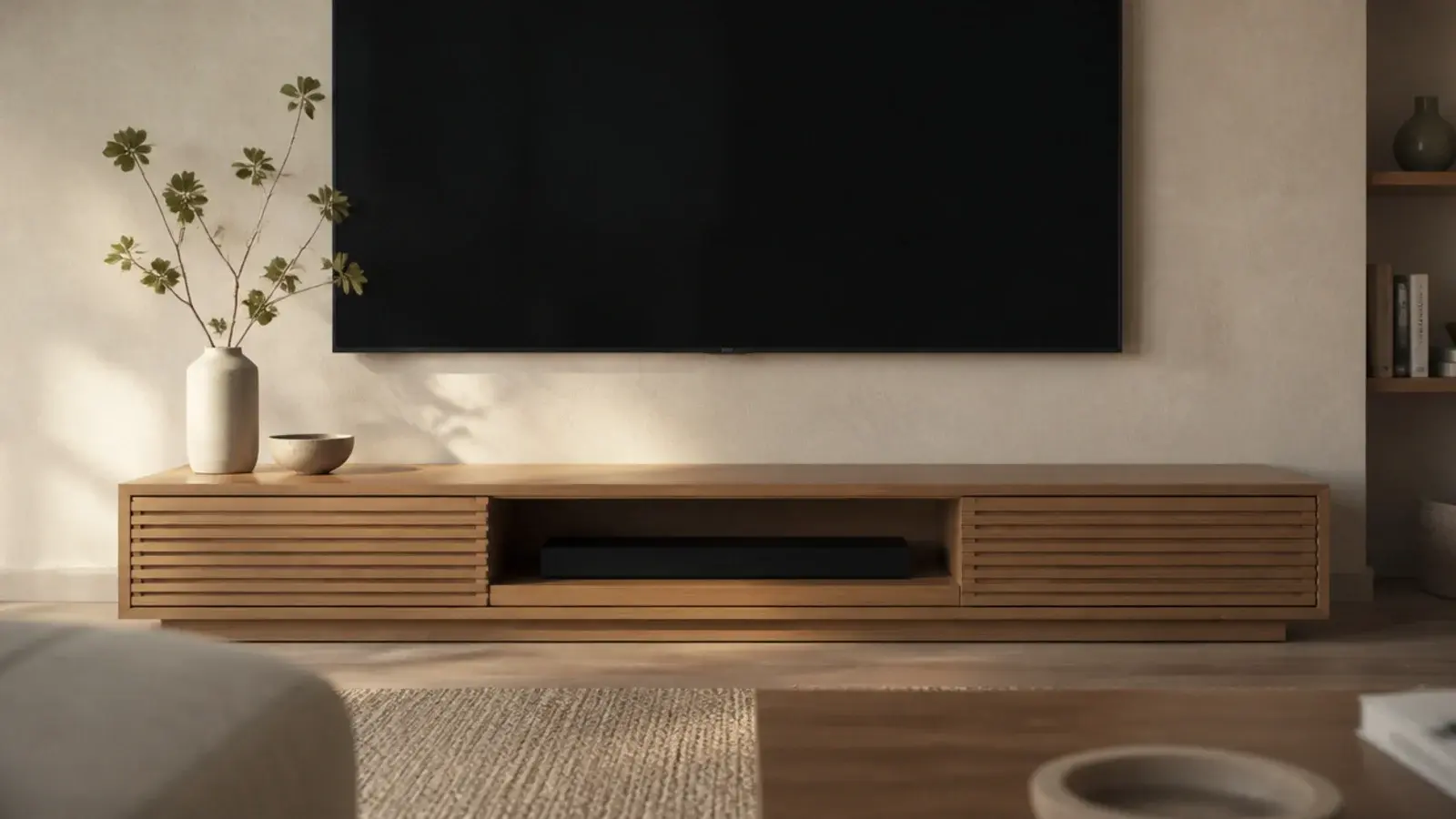 TV unit decor with modern TV cabinets in oak holding a screen and speakers