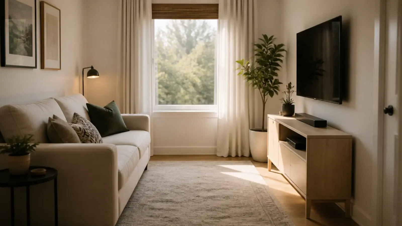 simple TV unit decor in a small room with a slim pale console
