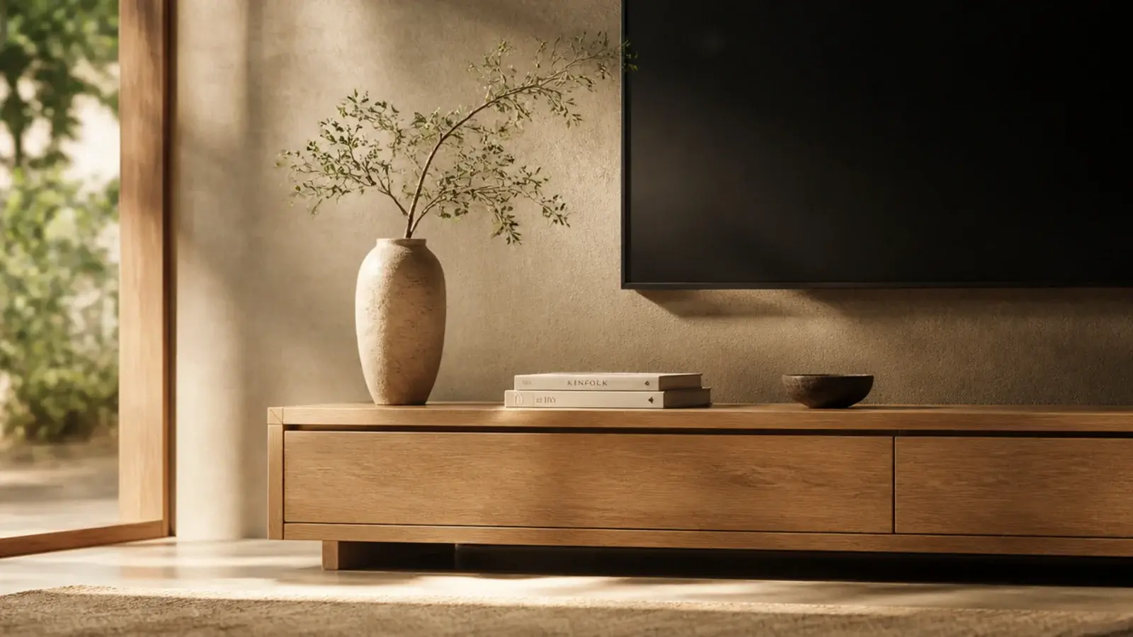TV unit decor styling with three objects at different heights on oak