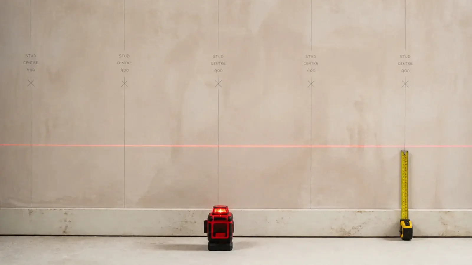 chalk lines and stud marks drawn across a bare wall before joinery starts