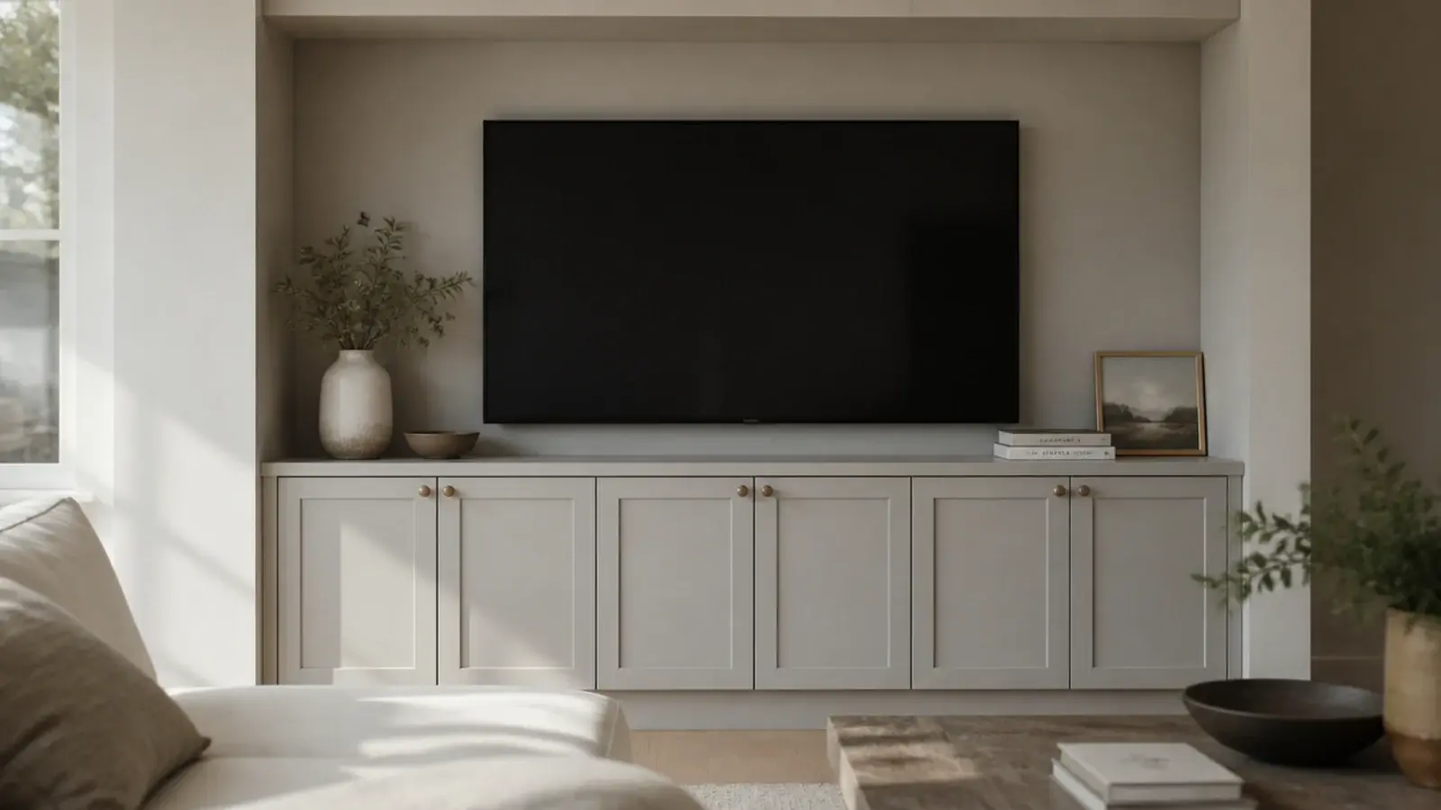 media joinery filling an entire alcove with no gap at either end