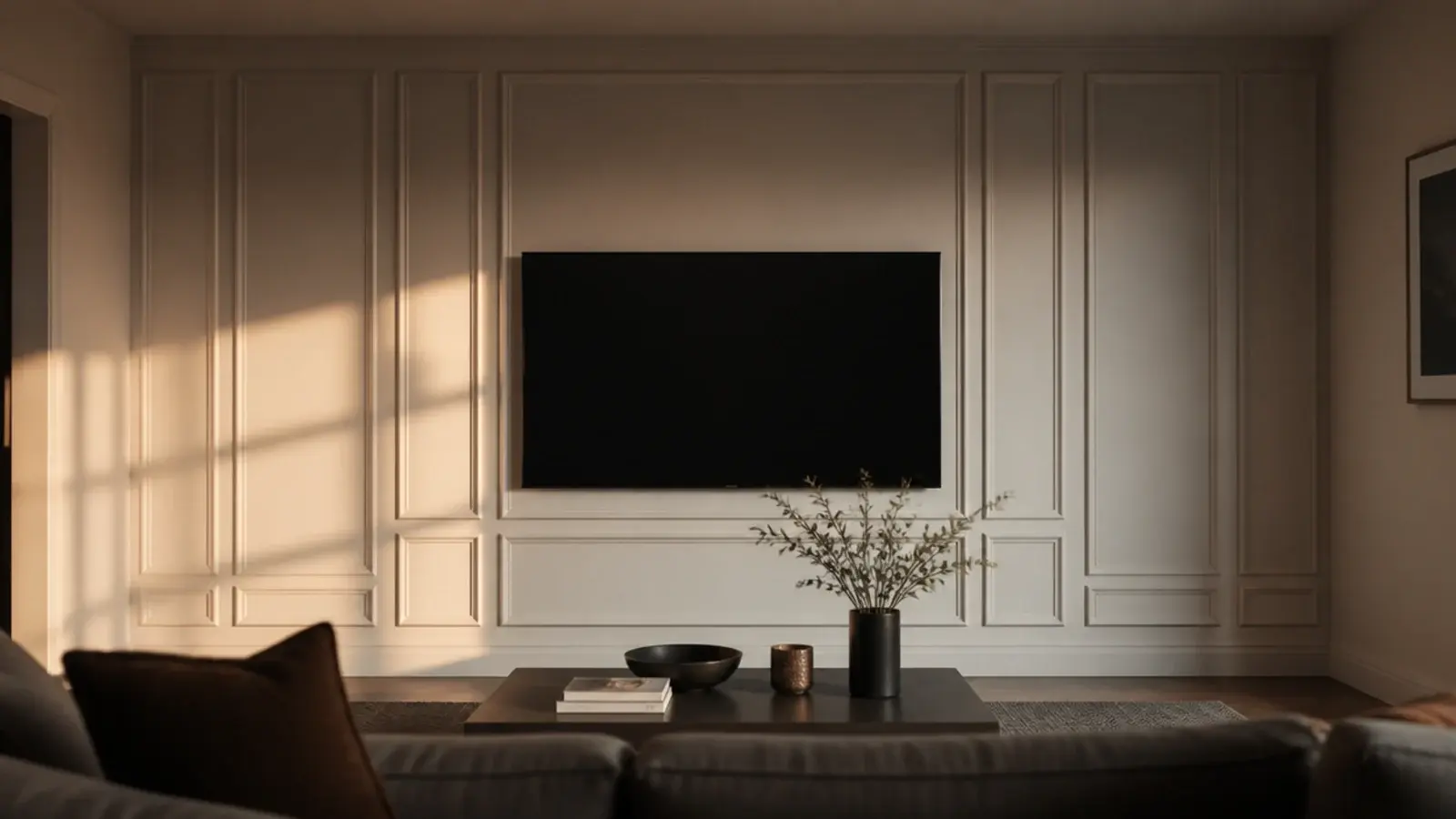 single panelled accent wall behind a screen with plain walls beside