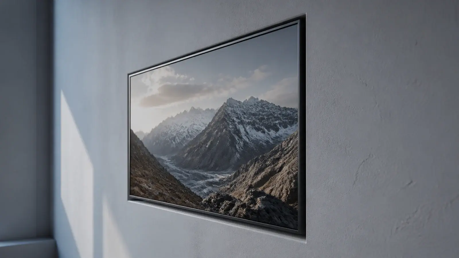 television sitting inside a shallow recess flush with the wall face