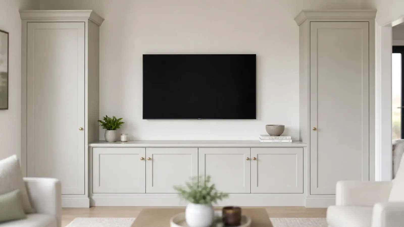 tall cupboards either side of a low media run under a screen