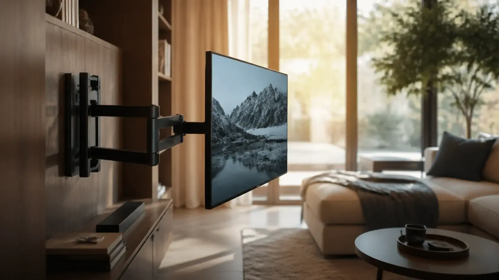 articulated wall mount turning a screen toward an angled seating area