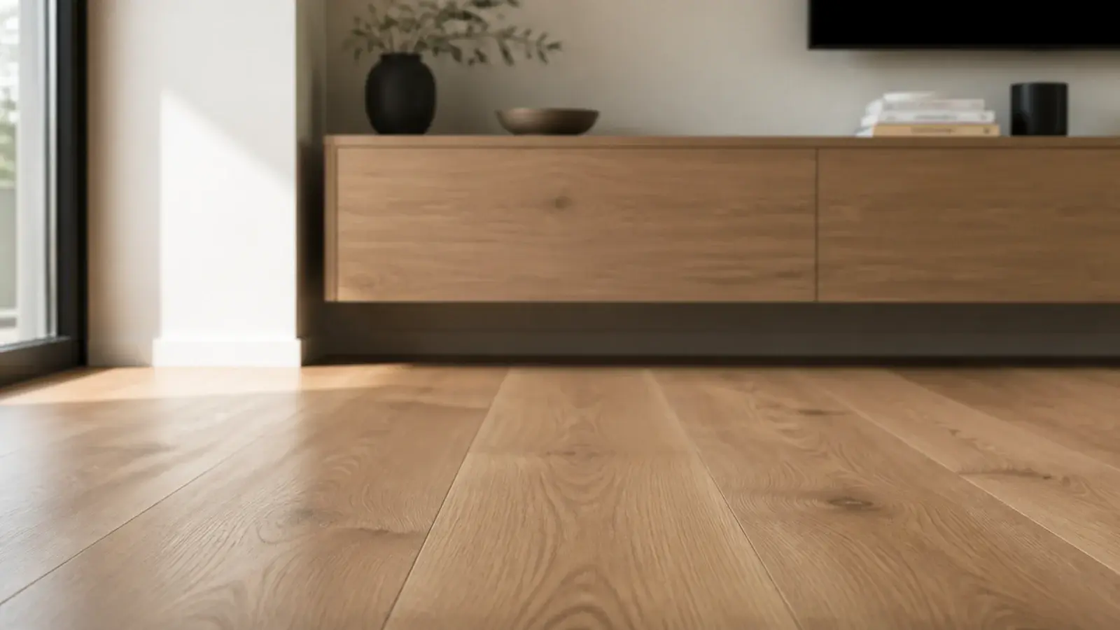 floorboards continuing unbroken beneath a wall mounted media unit