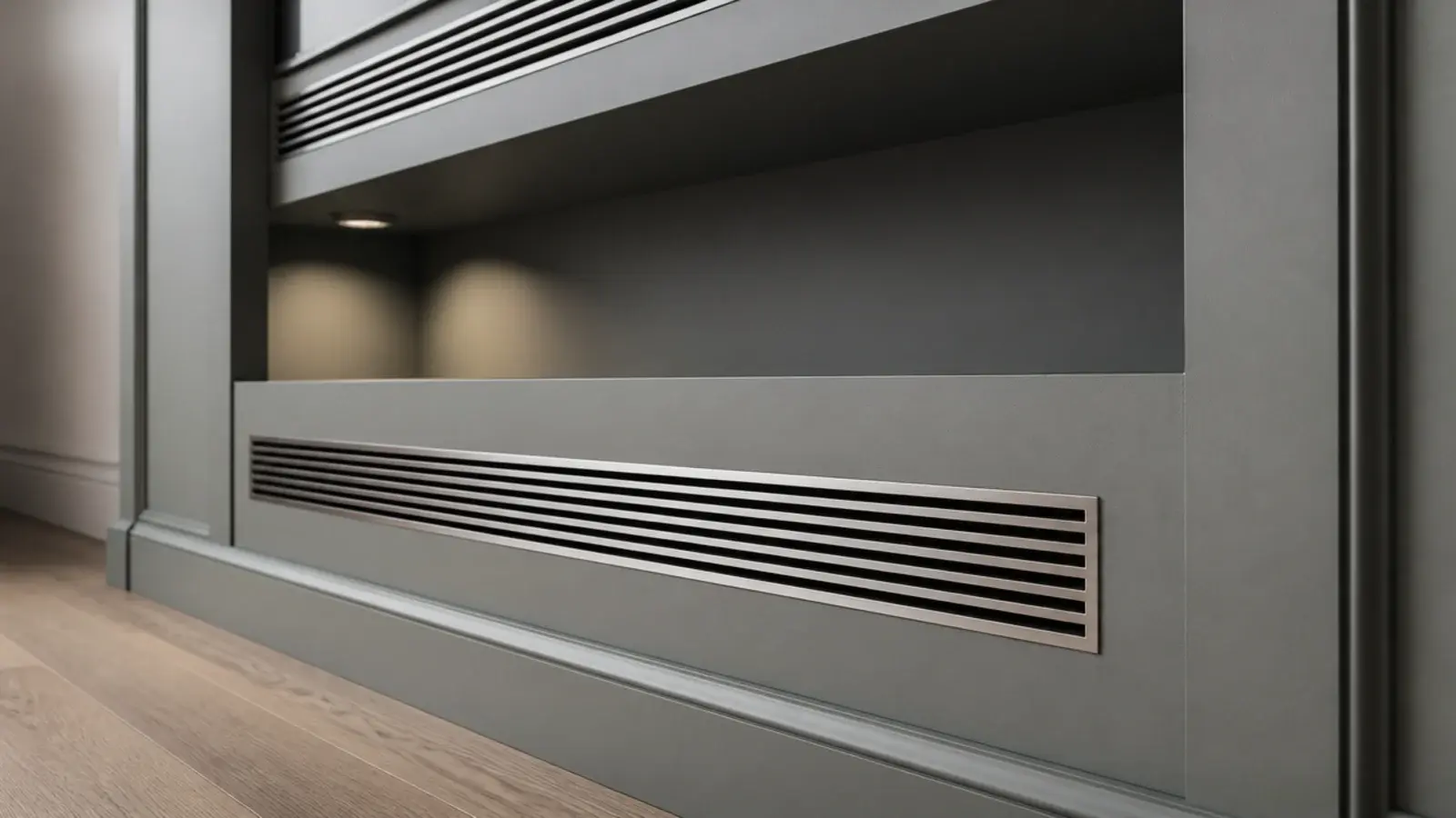 slim vent grille set low in a media recess below the screen