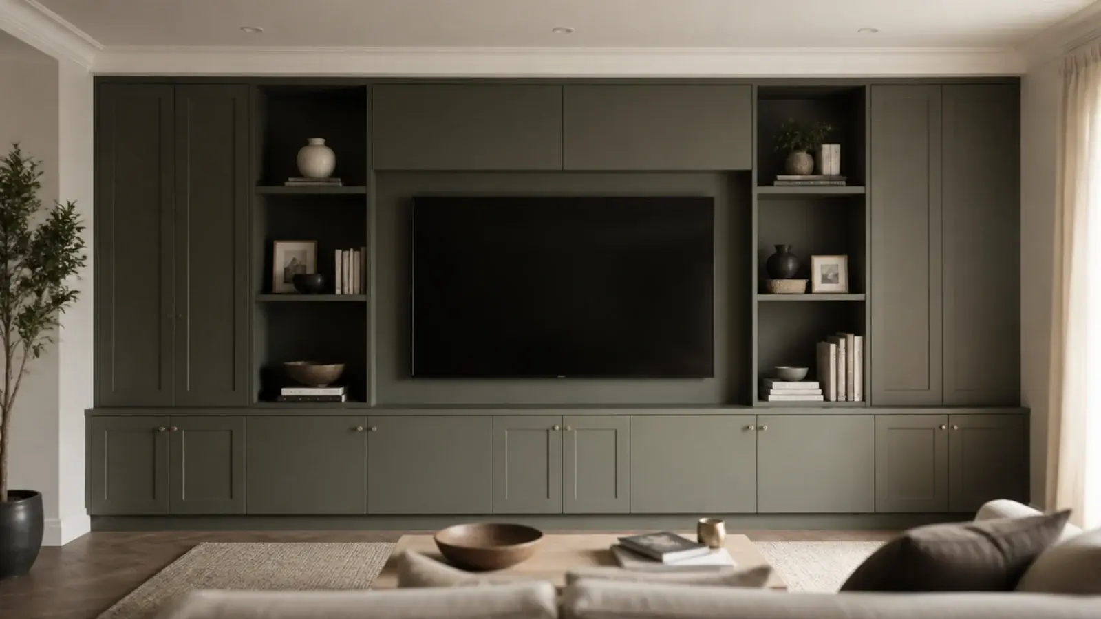 custom looking TV wall with a recessed unit and panelled joinery around it
