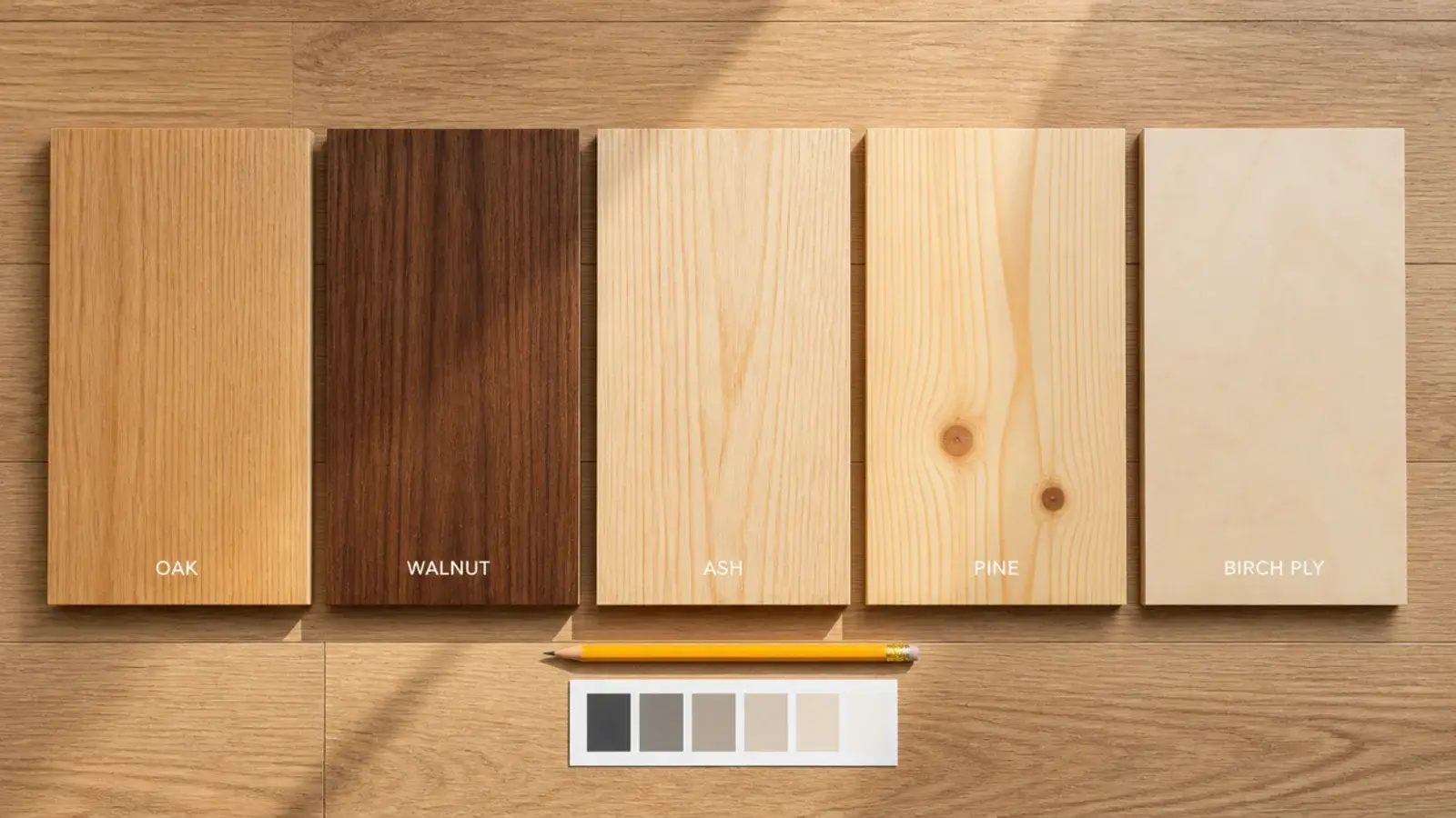 timber samples of oak walnut ash and pine laid out for comparison