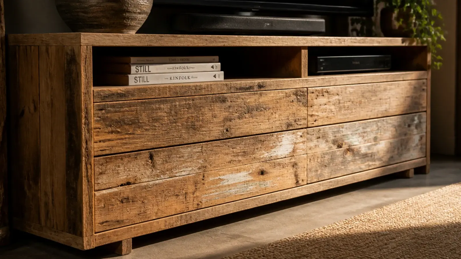 reclaimed pine boards forming a media unit with old nail holes visible