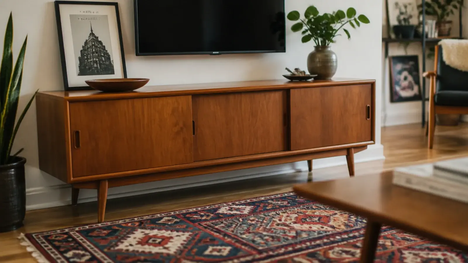 mid century teak sideboard with sliding doors used as a media unit