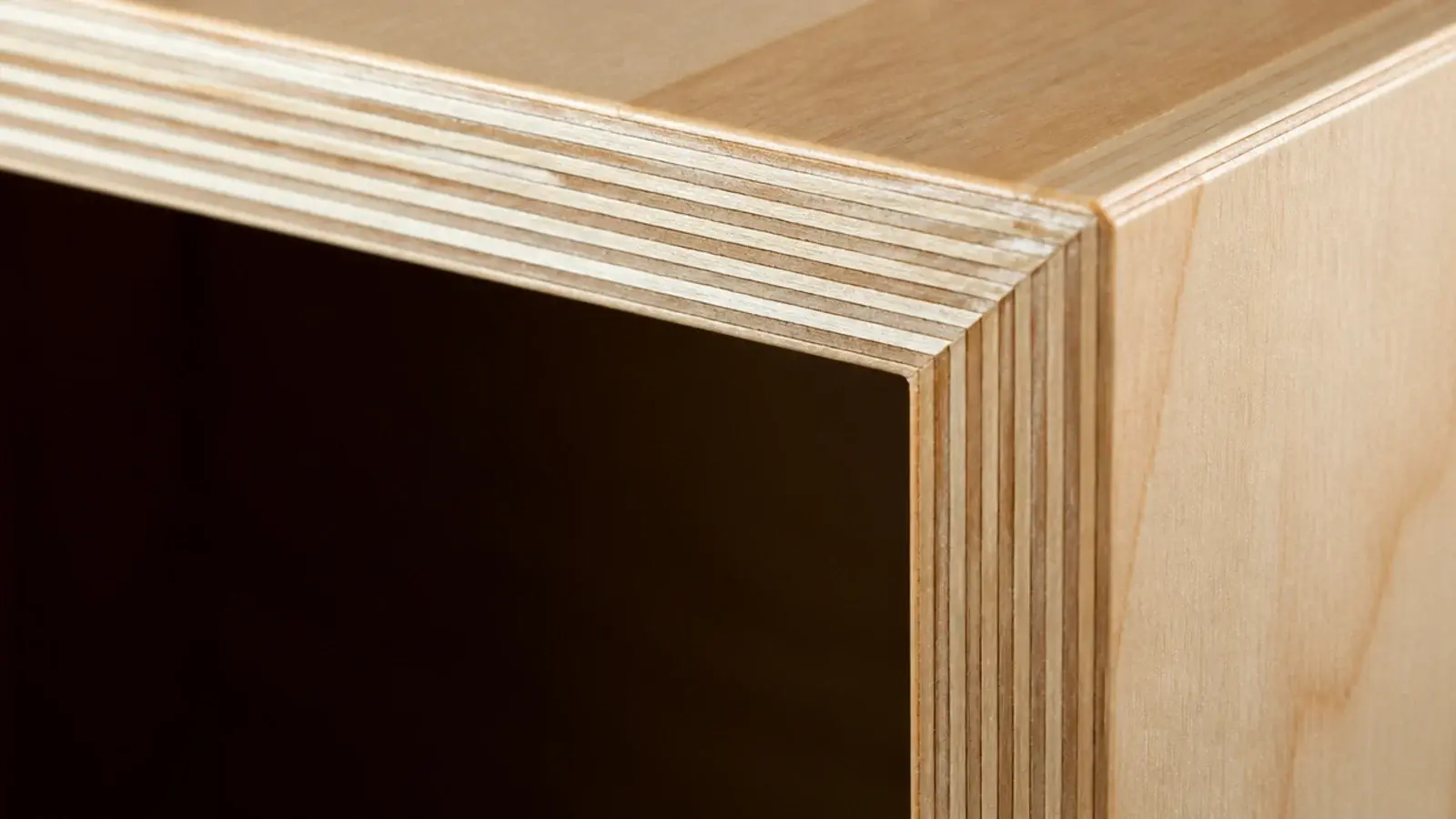 birch plywood cabinet edge showing stacked laminations along the front