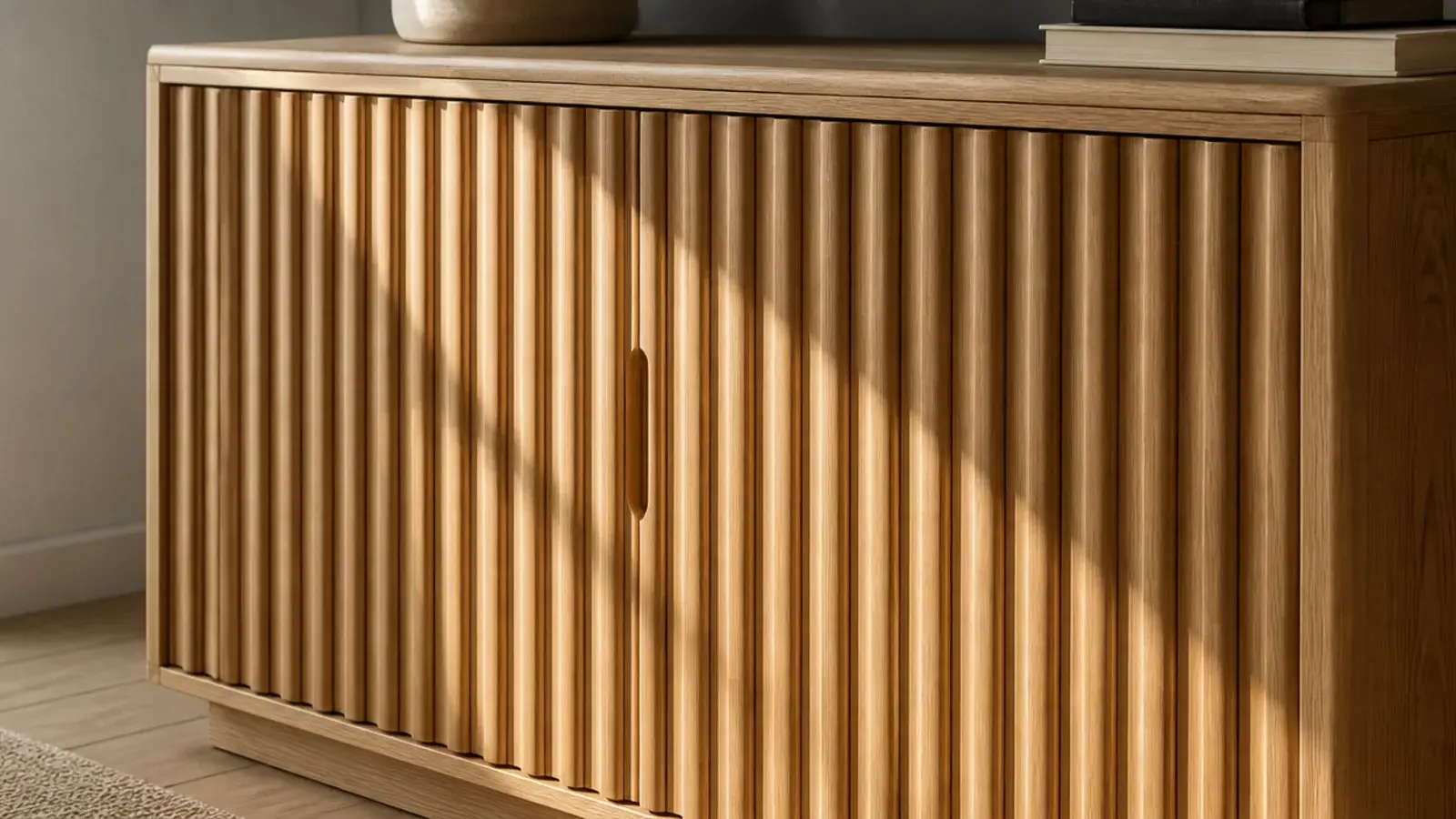 fluted oak cabinet doors with rounded ribs catching directional light