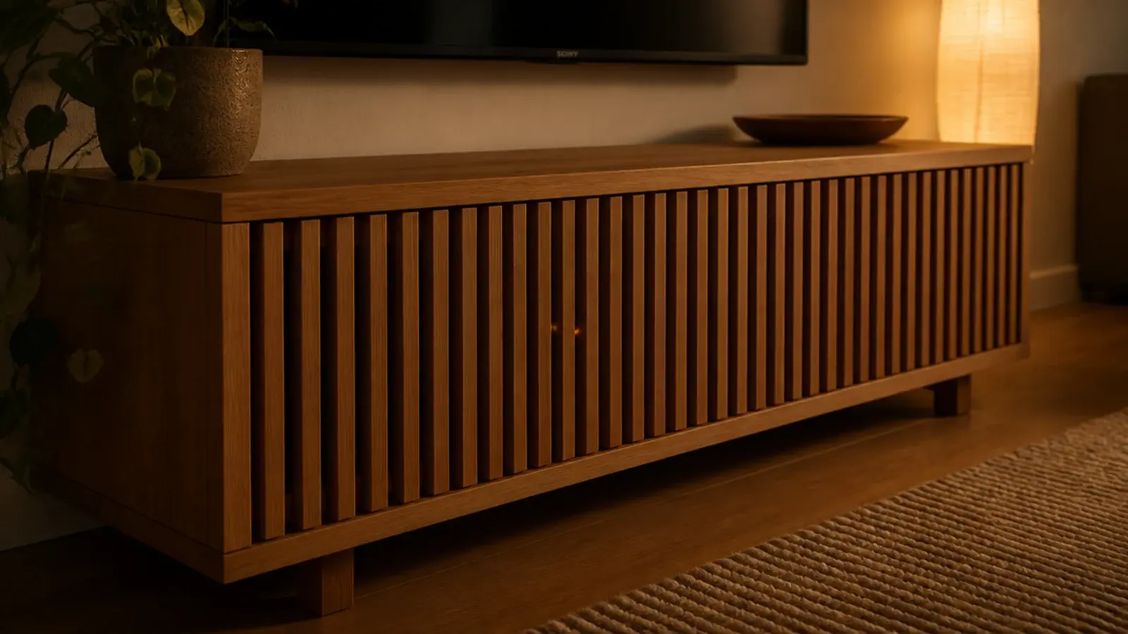 timber batten door with even gaps letting device lights show through