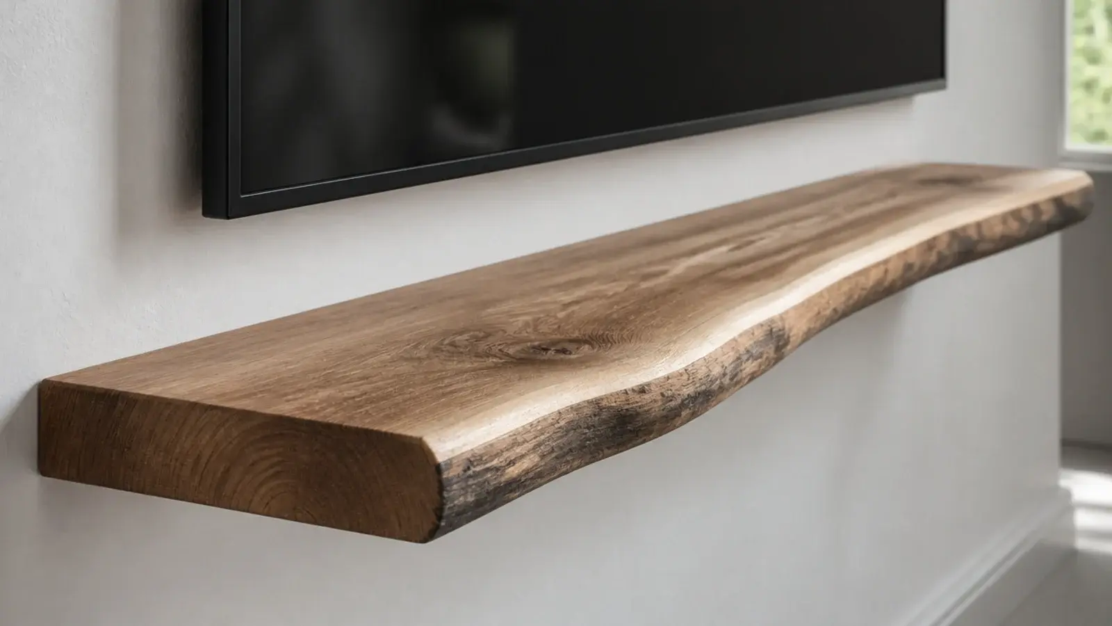 live edge timber shelf with a natural waney edge below a television
