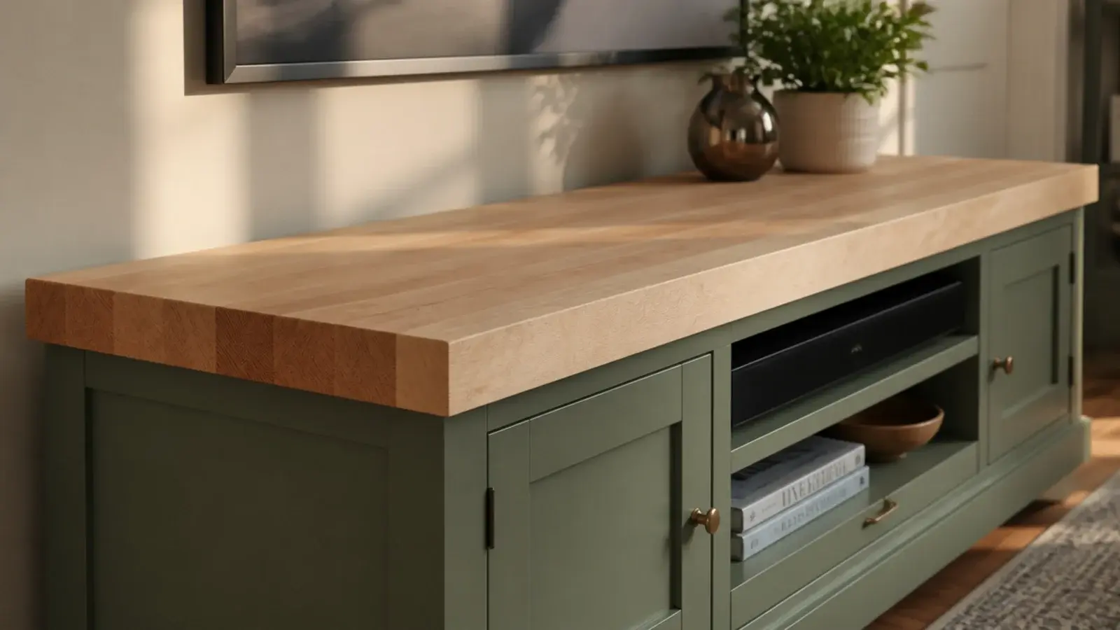 end grain butcher block top fitted onto a painted media cabinet