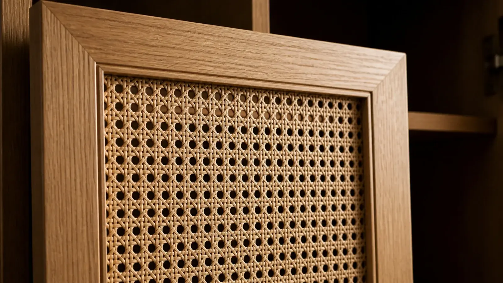 cane webbing stretched inside a solid timber door frame on a cabinet