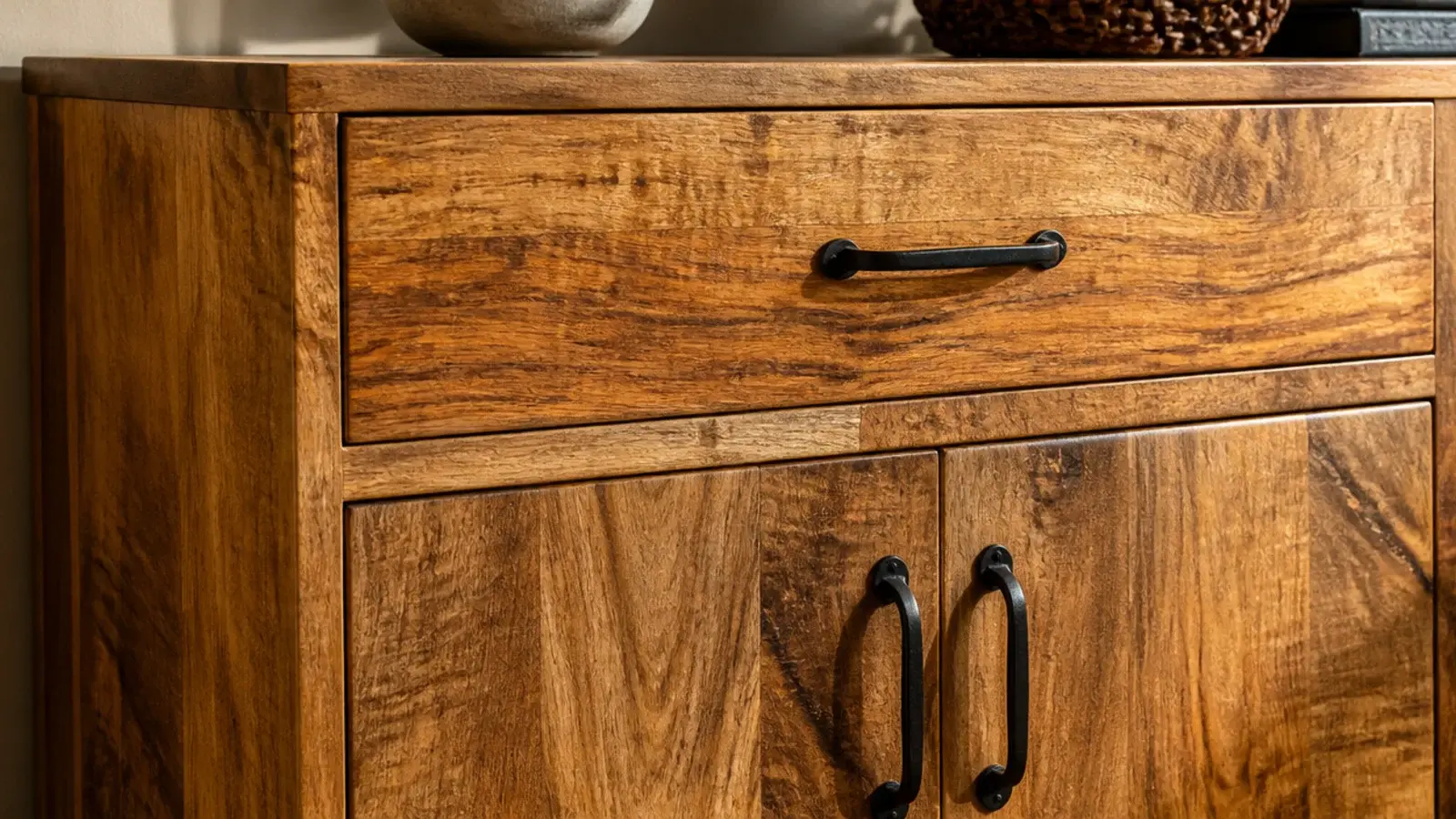 mango wood media cabinet showing varied golden and dark grain