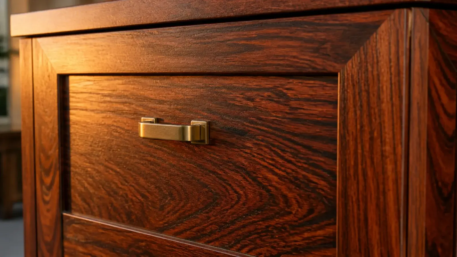 sheesham timber cabinet with dark reddish brown streaked figure