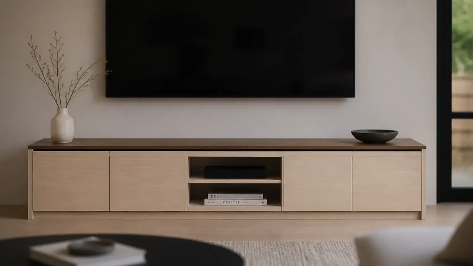 pale timber cabinet carcass carrying a much darker solid wood top