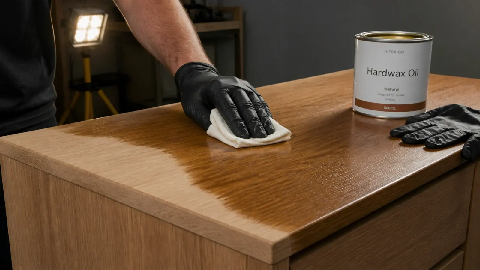 cloth applying hardwax oil to a bare timber cabinet surface