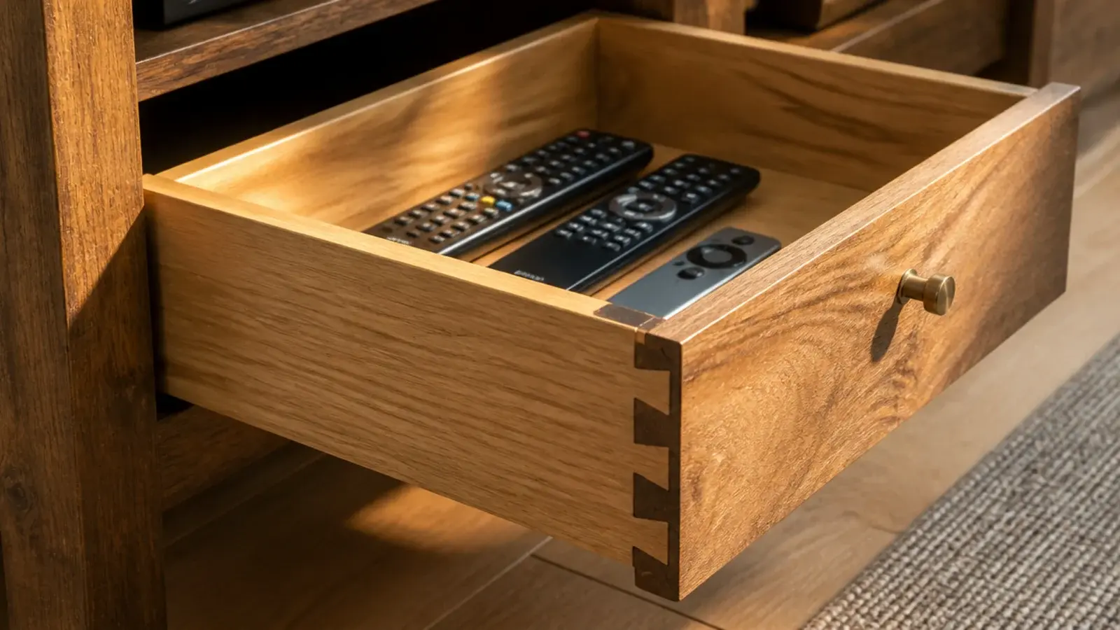 dovetail joint visible at the corner of a pulled out timber drawer