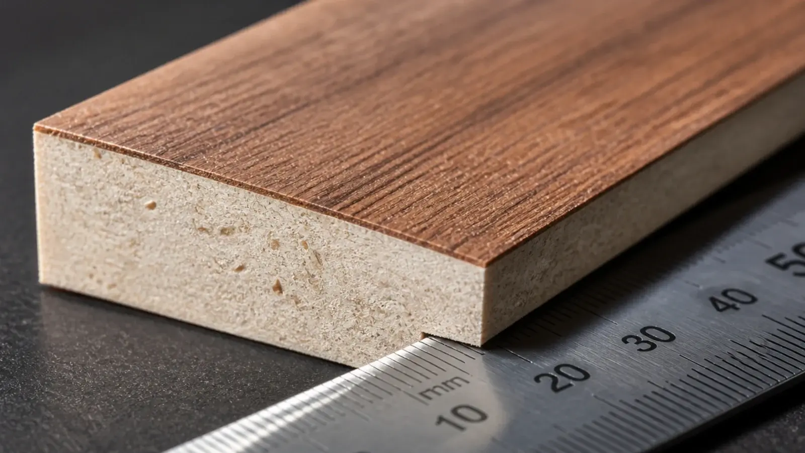 thin veneer layer visible on the cut edge of a cabinet panel
