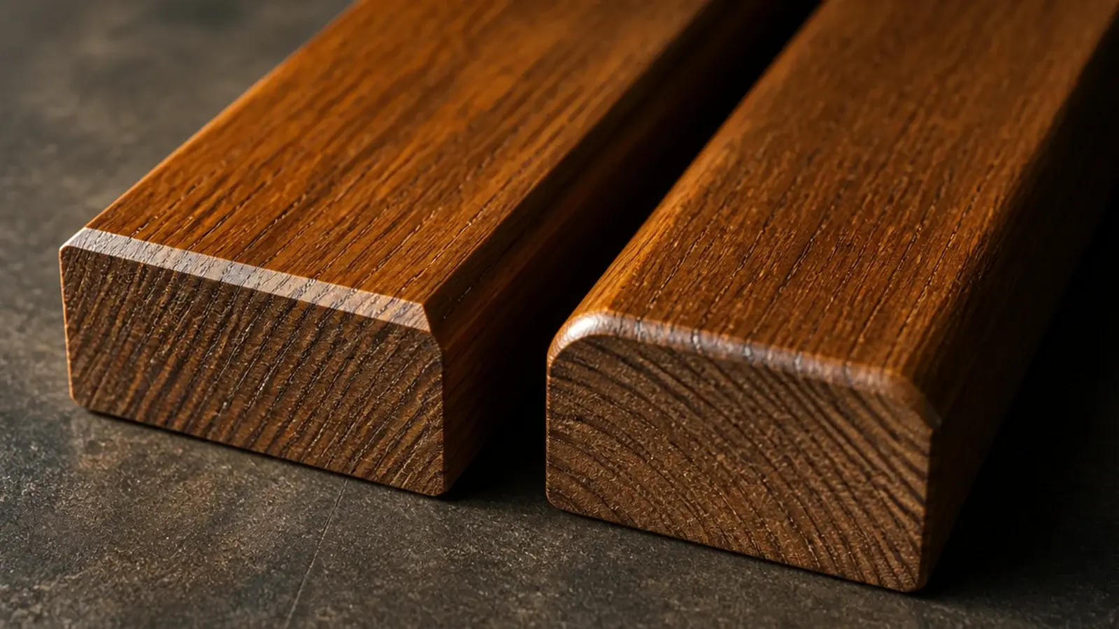chamfered and rounded cabinet edges shown side by side for comparison