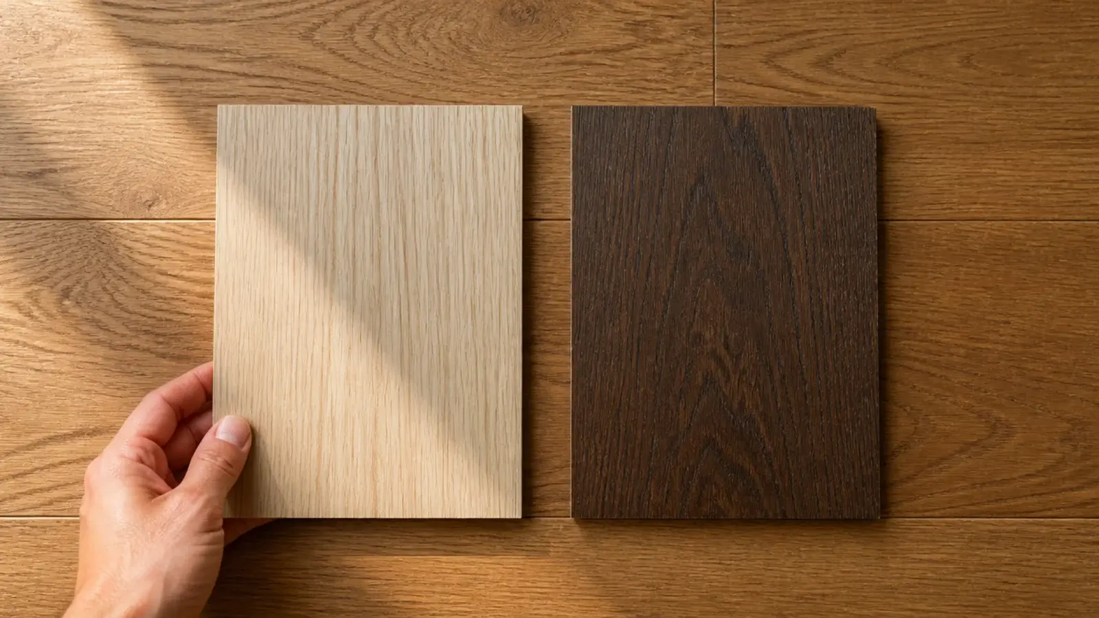 timber unit sample held against a wooden floor for tone comparison