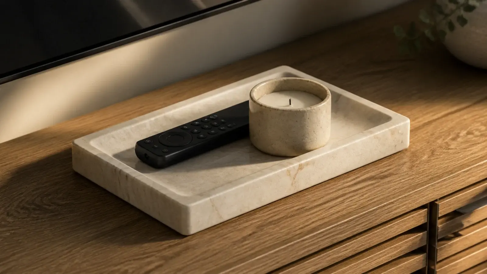 stone tray and timber media unit sharing a single warm palette