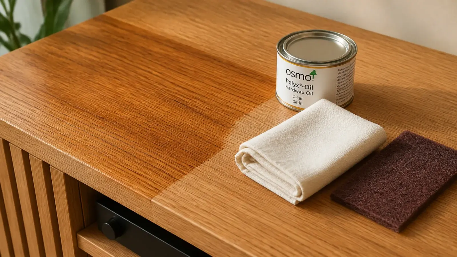 cloth and oil tin sitting on a timber media unit ready for maintenance