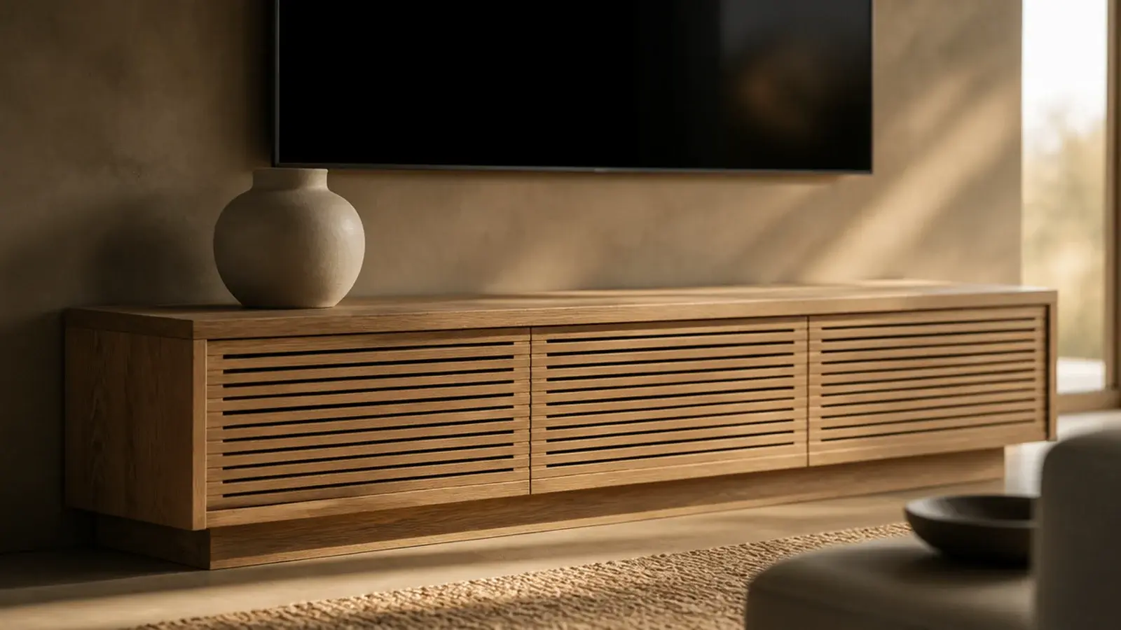 wooden TV unit in warm oak with visible grain and slatted door fronts