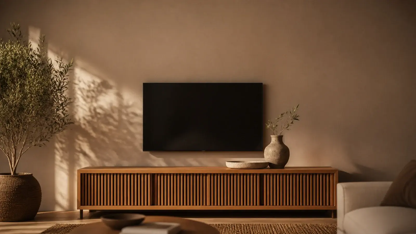 tall wooden TV unit view showing oak grain slatted doors and a stone tray
