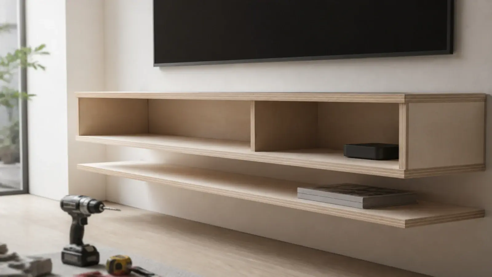plywood TV wall unit hung on a cleat with a shelf below
