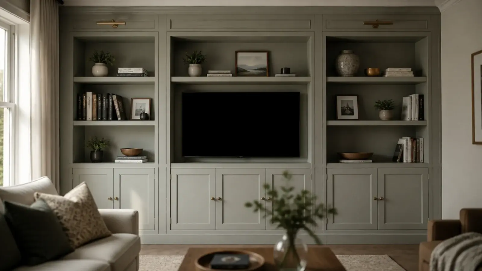 styled wall unit with open shelves closed doors and a screen at eye level