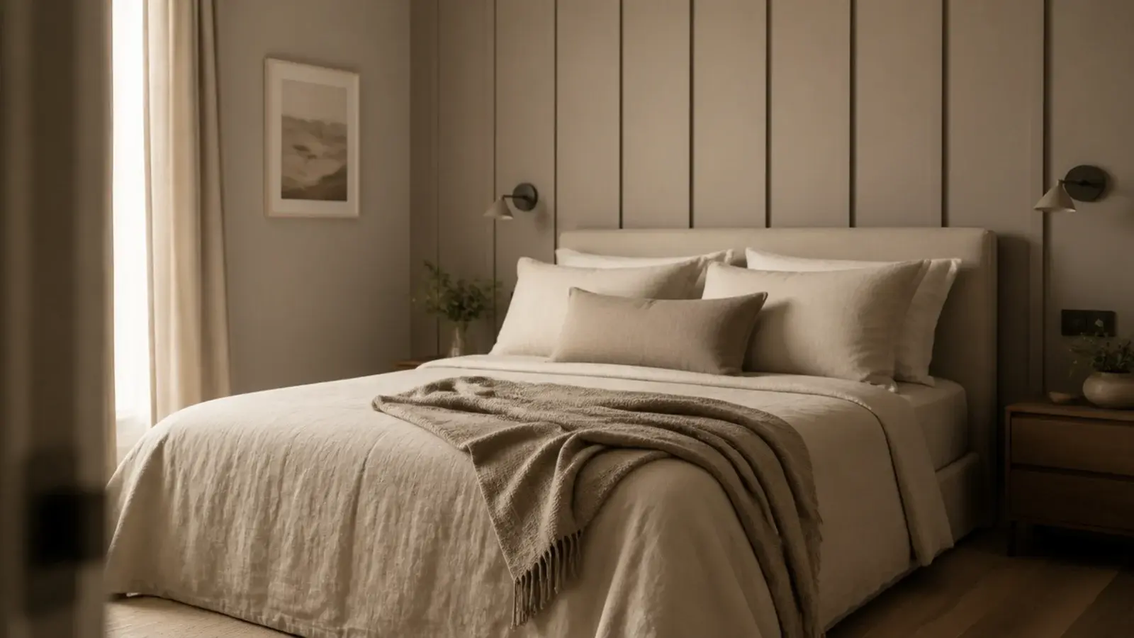 panelled bed back wall design in warm taupe behind a linen dressed bed