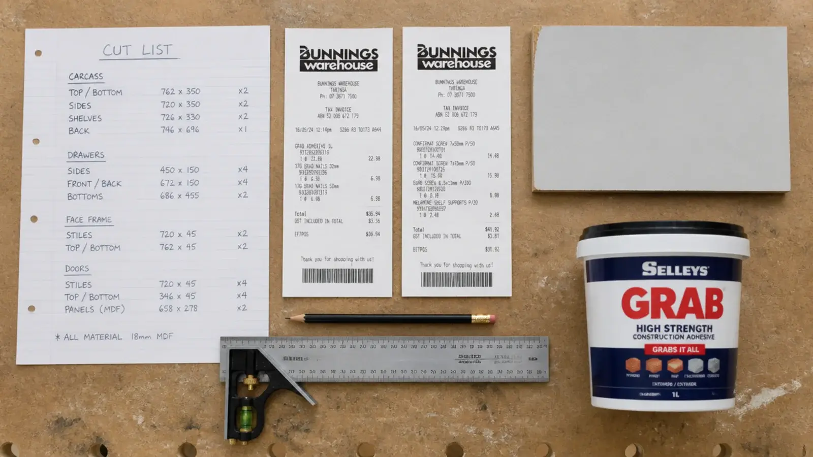 receipts and a cut list spread beside a sheet of primed mdf