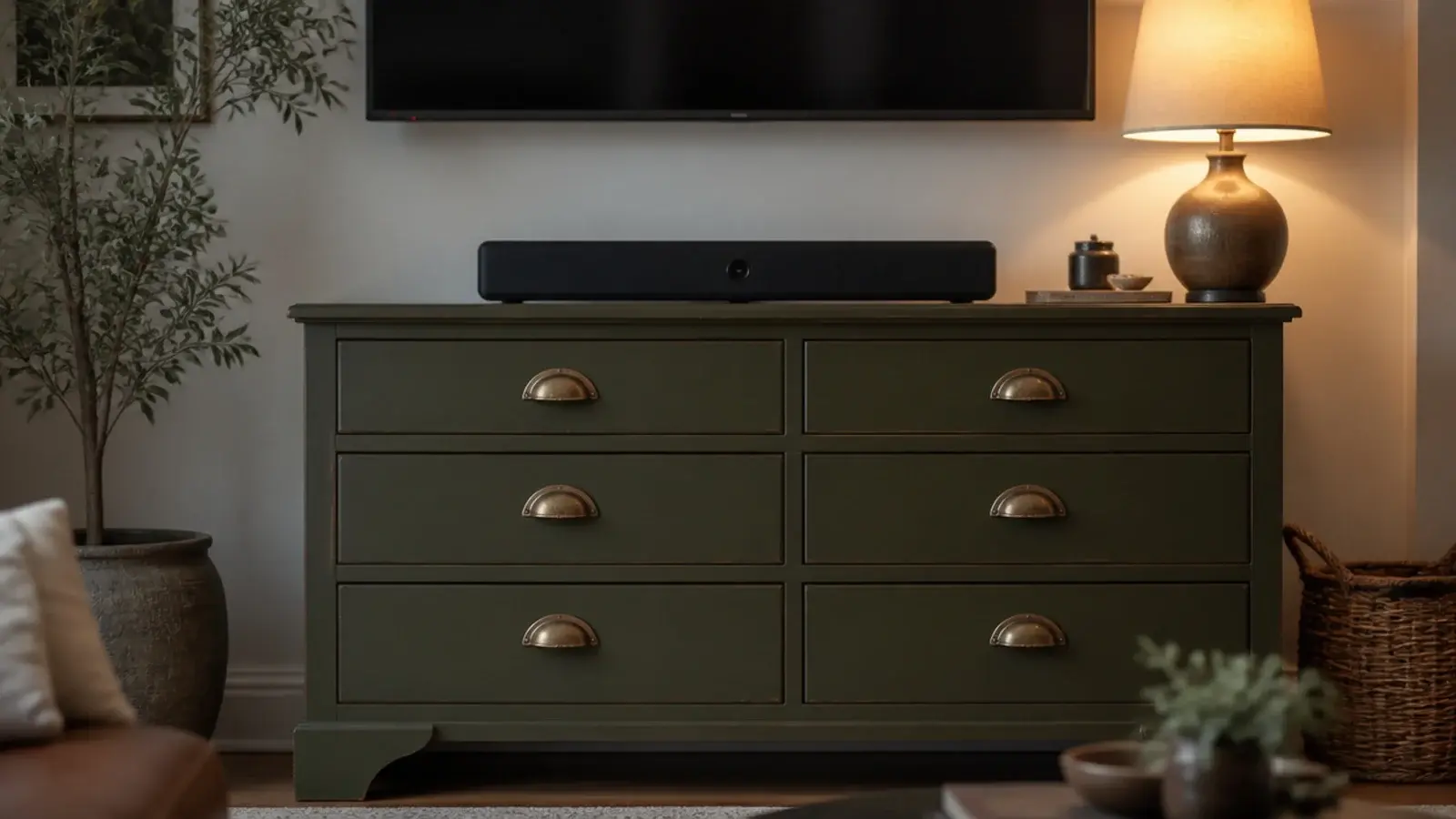 old painted chest of drawers used as a media unit beneath a screen