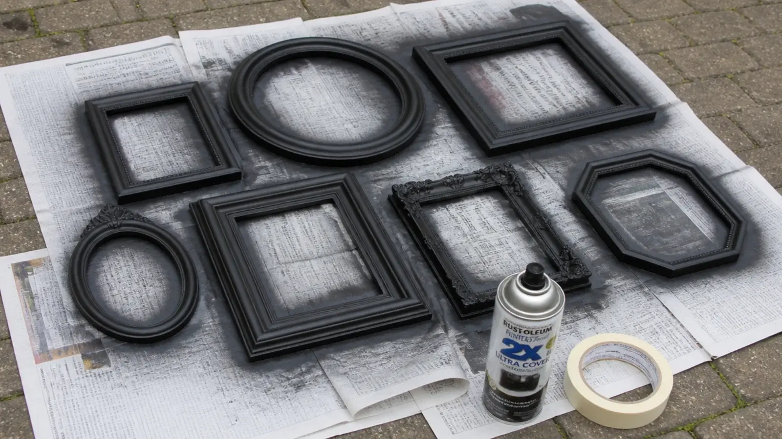 mismatched charity shop frames sprayed a single matt black tone