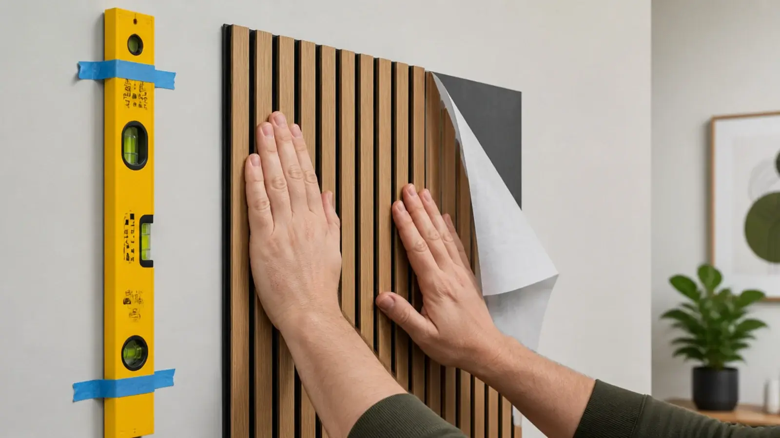peel and stick slat panel being pressed onto a smooth painted wall