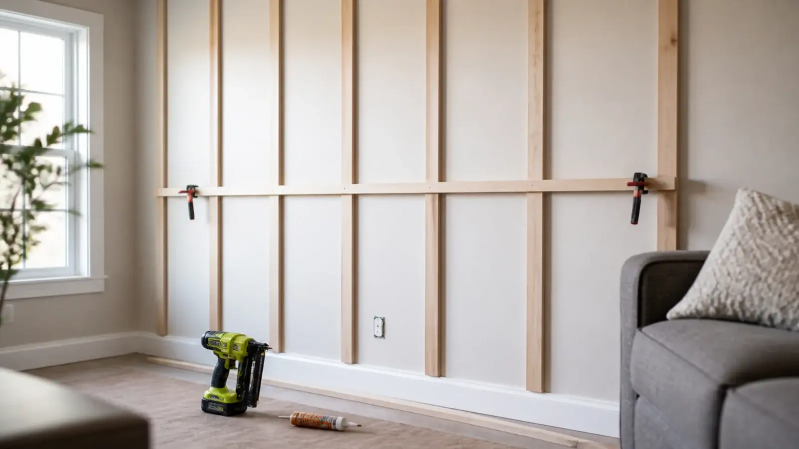 board and batten grid part built across a living room feature wall