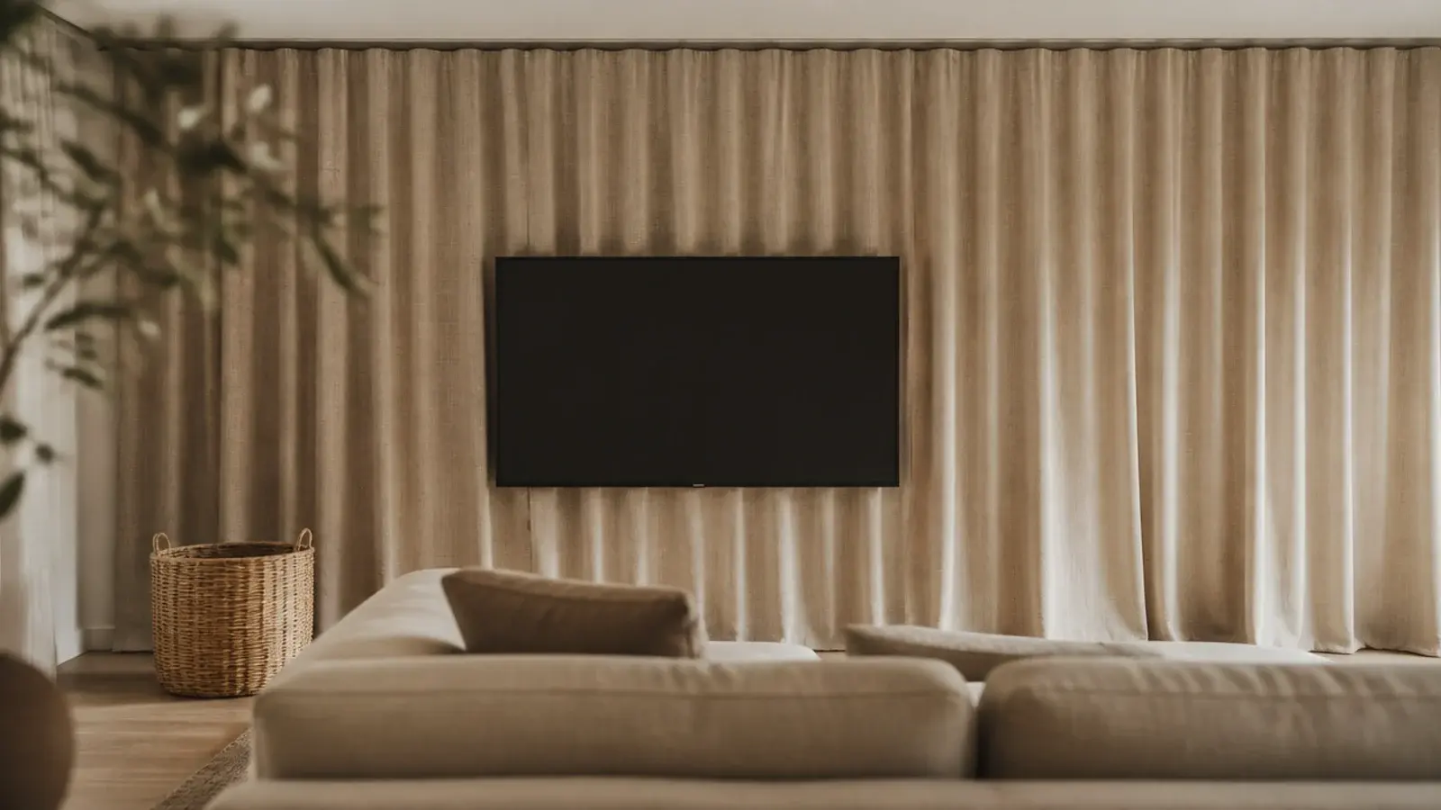 inexpensive linen curtain hung on a ceiling track behind a screen