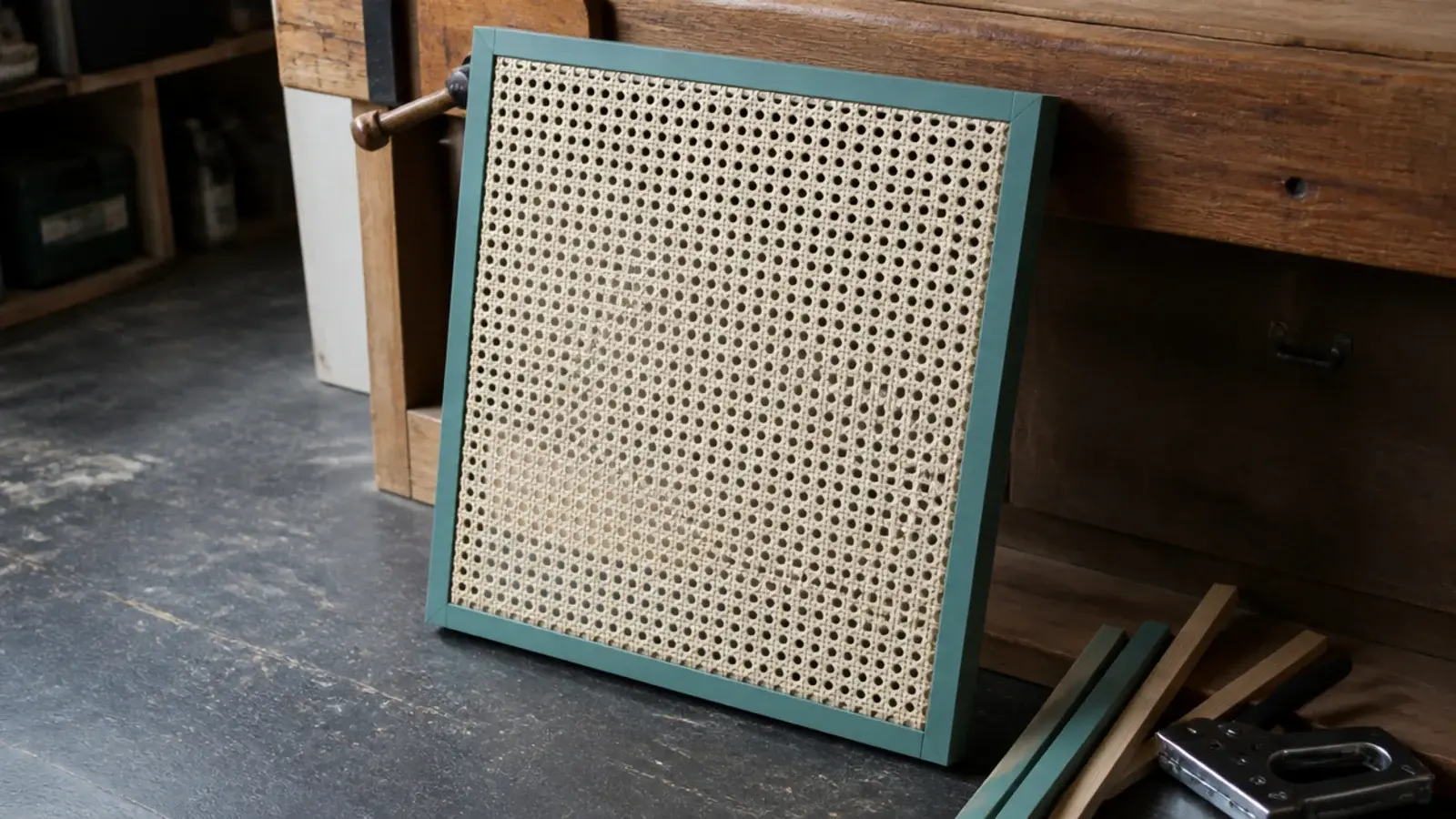 natural cane webbing stretched inside a slim painted timber frame