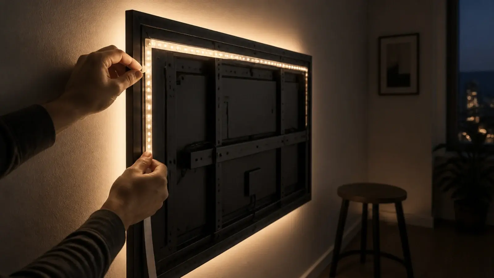 usb powered led strip taped behind a screen casting a warm glow