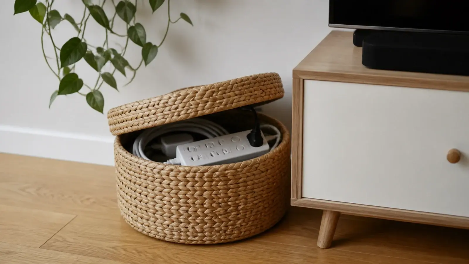 woven lidded basket concealing a power strip beside a media unit