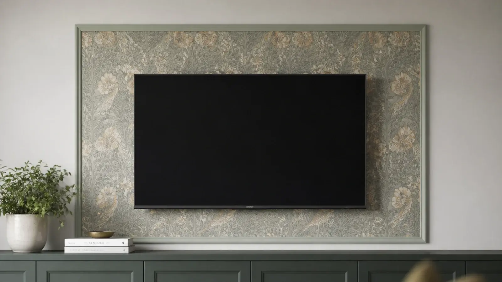 removable patterned wallpaper panel framed by slim painted moulding
