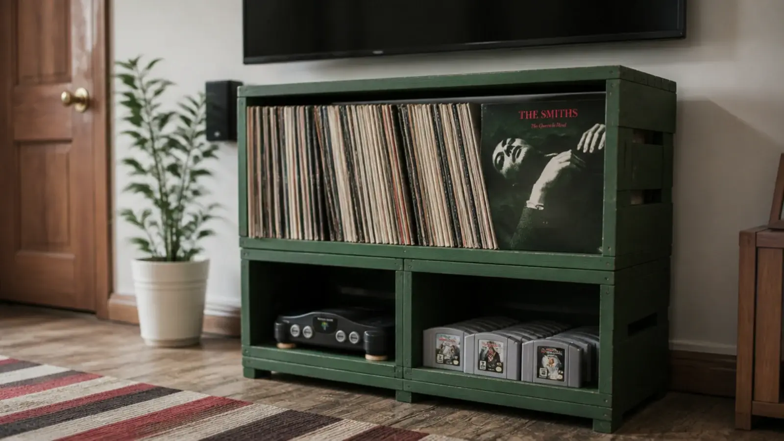 three wooden crates stacked and painted as open media storage