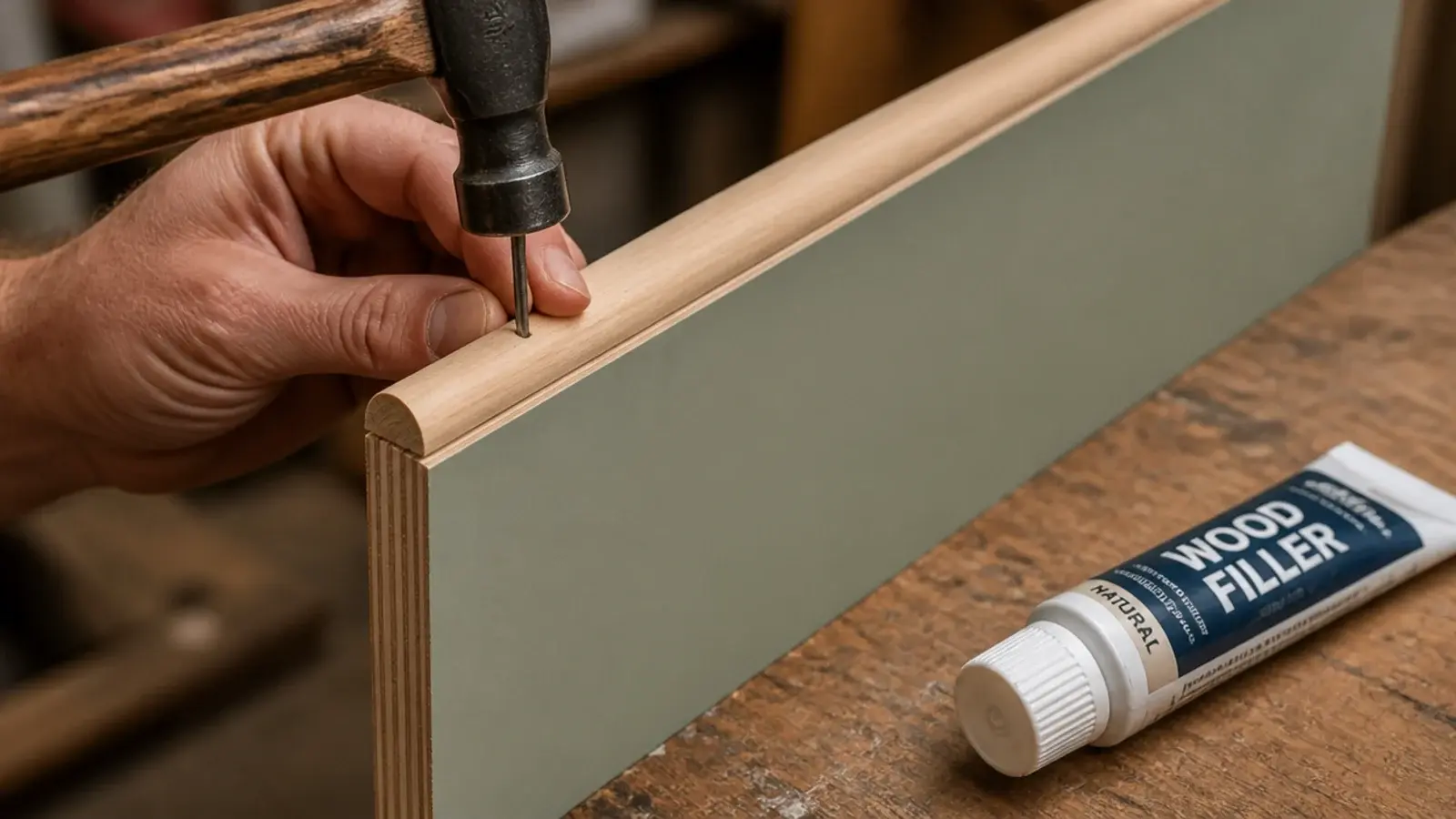 half round beading pinned along the edge of a painted plywood panel