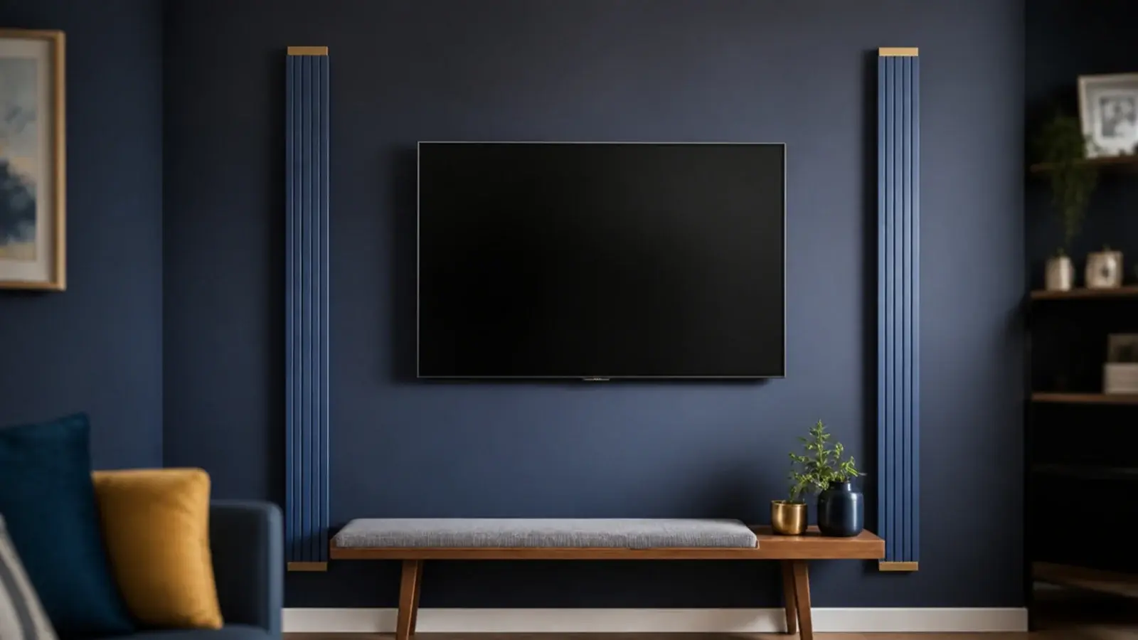 pair of tall painted battens flanking a screen to imply a panel