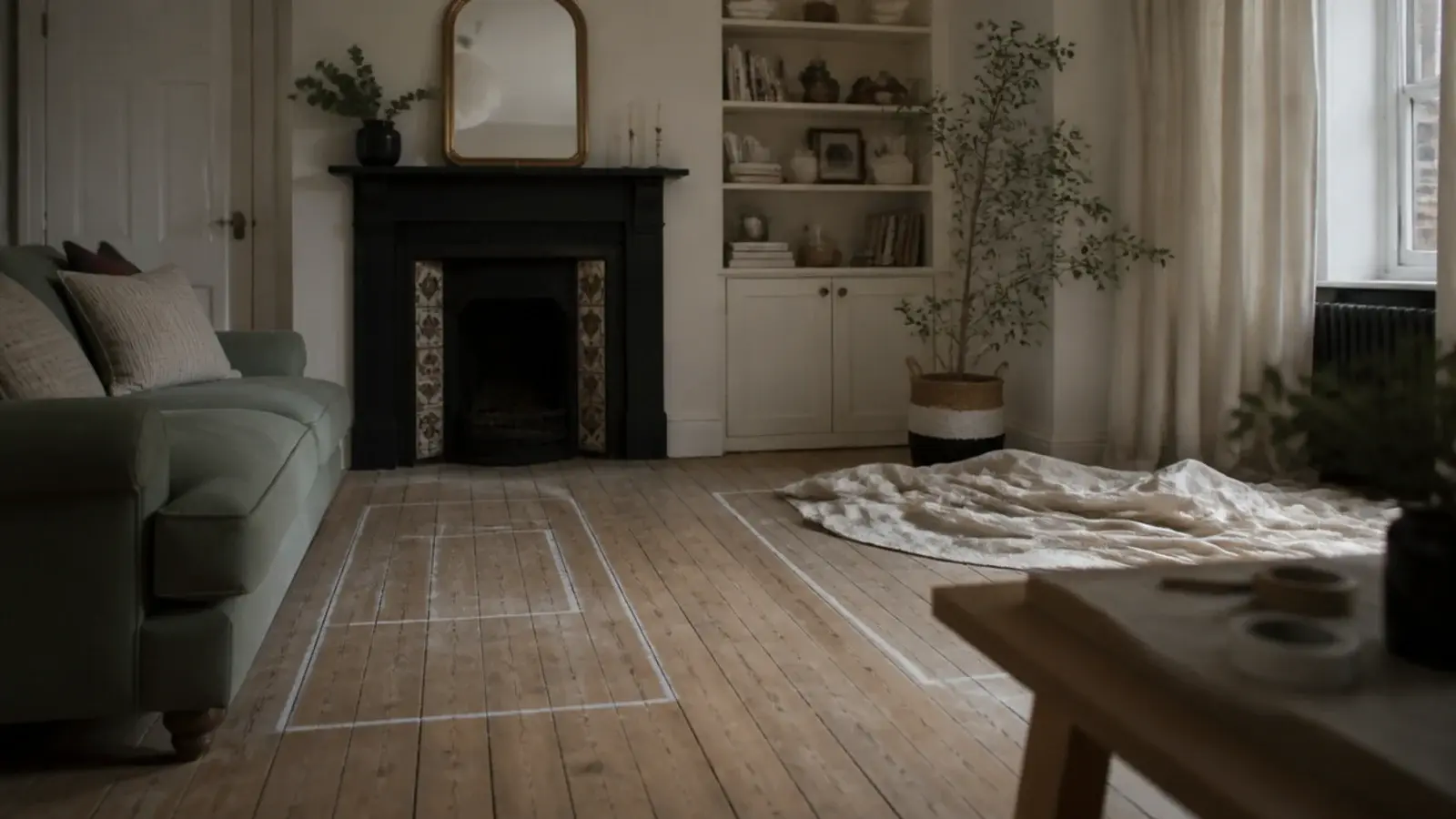 furniture pushed aside as a living room layout is tested in chalk